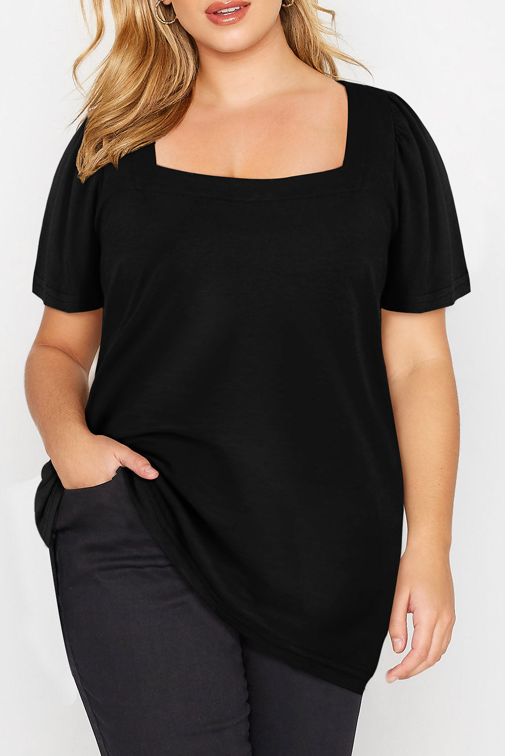 Green Plus Size Square Neck Ruched Shoulder Short Sleeve Top