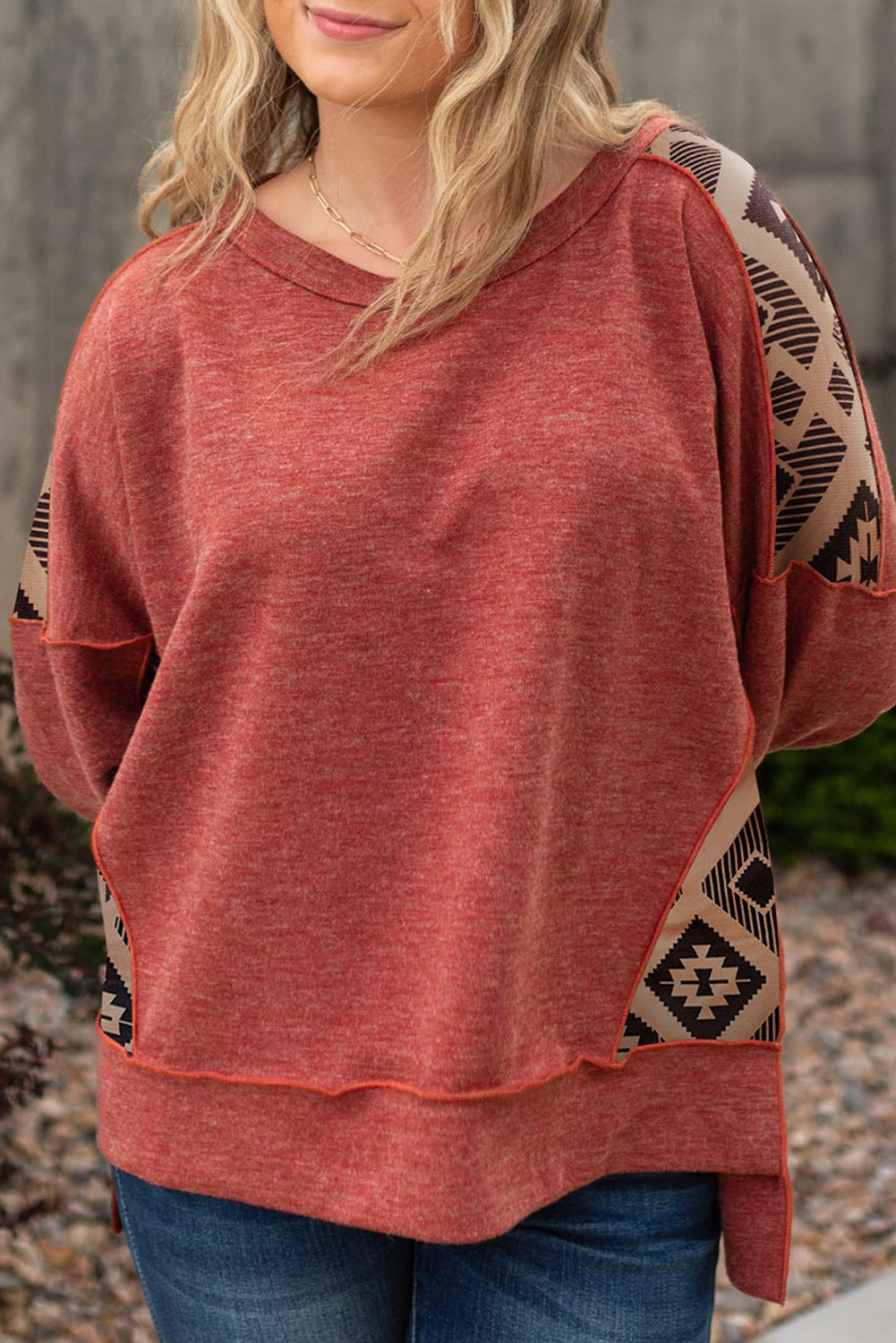 Redwood Burl Aztec Patchwork Drop Shoulder Plus Size High Low Sweatshirt