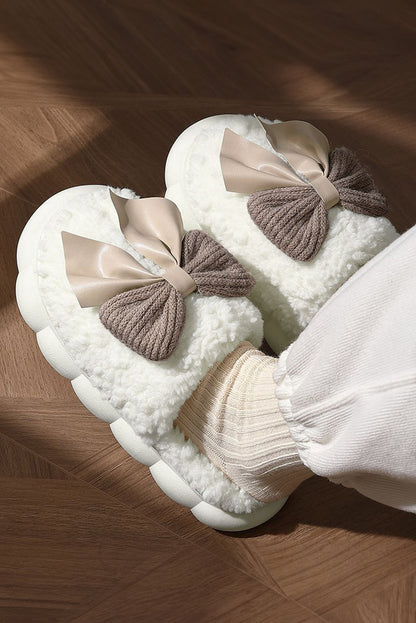 Camel Contrast Bowknot Applique Plush Winter Slippers (Bow Colors May Differ by Batch)