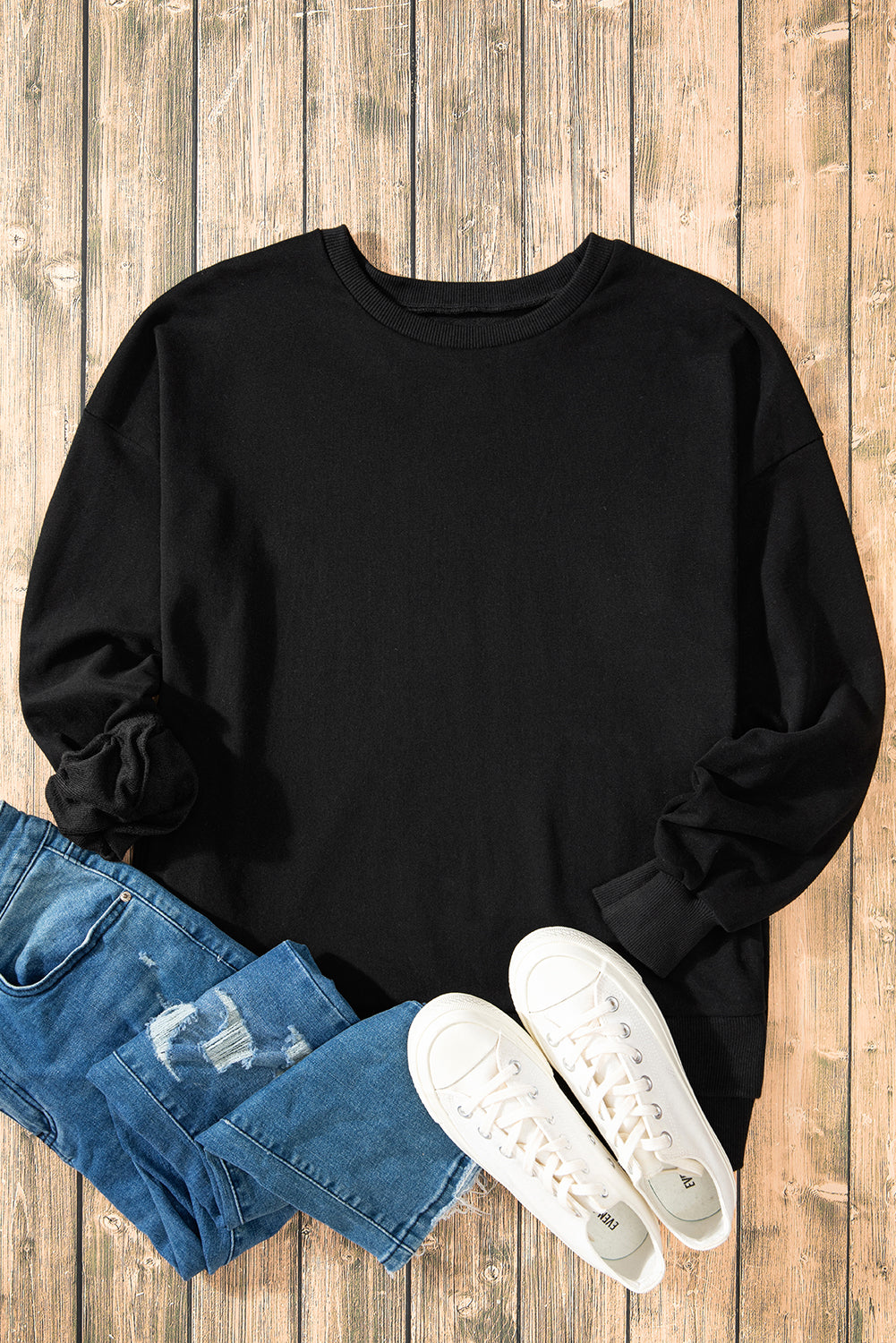 Parchment Solid O Neck High Low Hem Pullover Sweatshirt