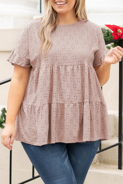 Pink Plus Size Eyelet Pattern Ruffle Sleeve Babydoll Top