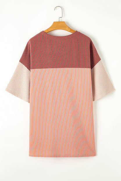 Rose Pink Plus Size Ribbed Colorblock T-shirt