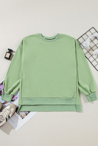 Valerian Solid Fleece Lined Drop Shoulder High Low Sweatshirt