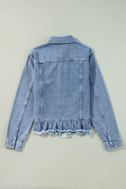 Navy Blue Ruffle Raw Hem Flap Pockets Denim Jacket