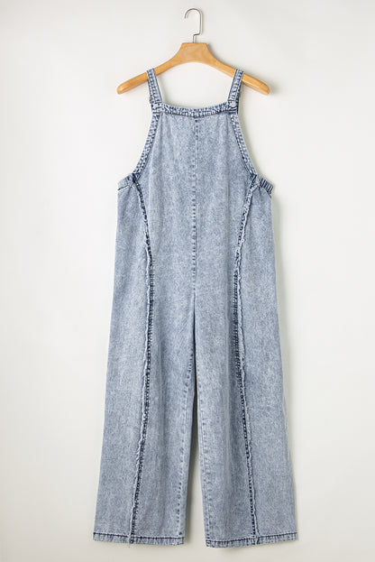 Dark Grey Light Wash Frayed Exposed Seam Wide Leg Denim Overall