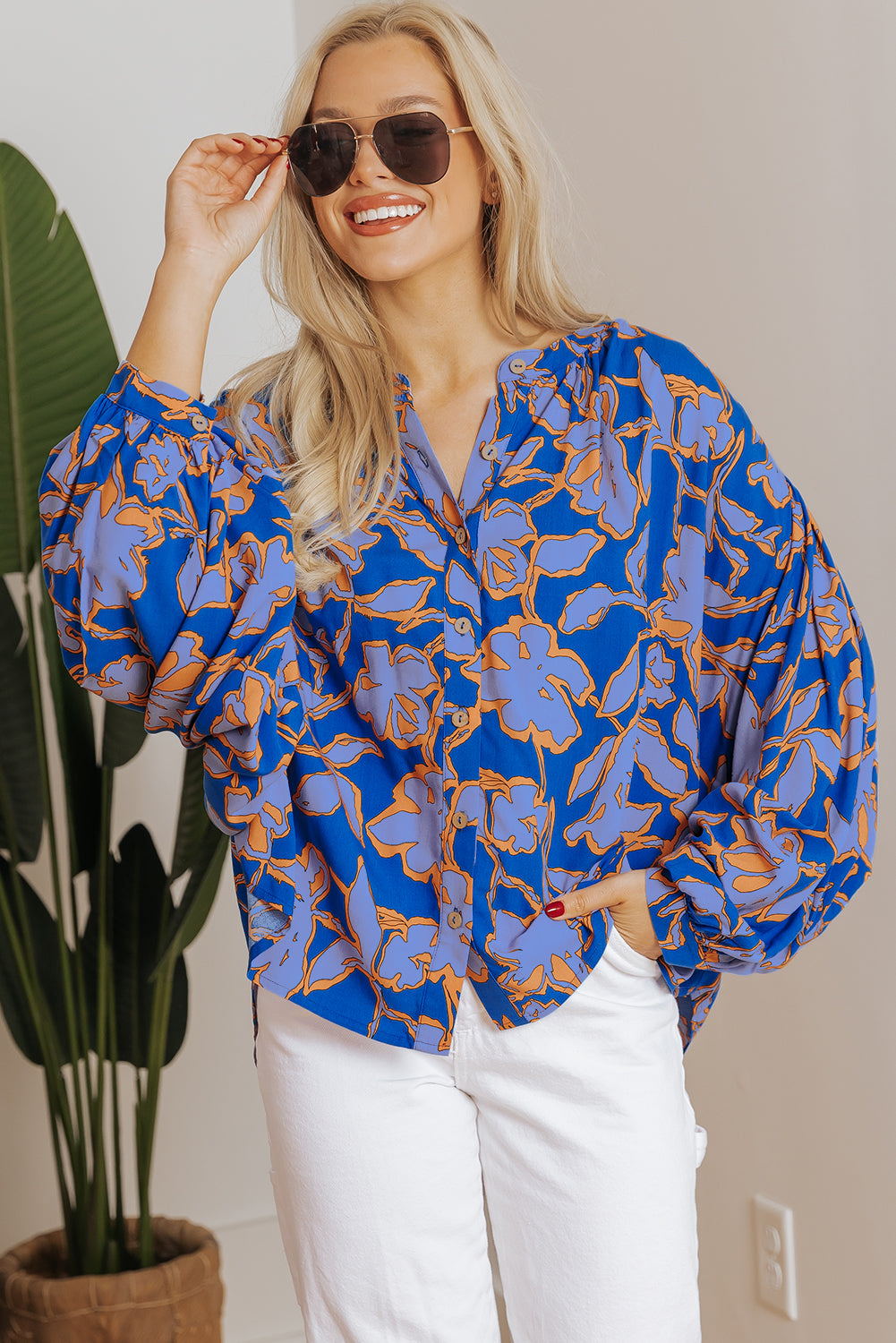 Pink Floral Print Batwing Sleeve Buttoned Loose Fit Shirt