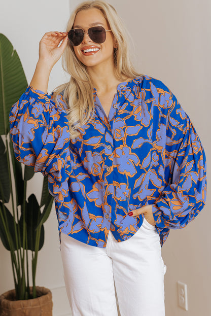 Pink Floral Print Batwing Sleeve Buttoned Loose Fit Shirt