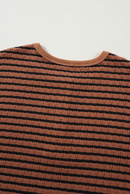 Green Stripe Textured Frilly Trim Buttons Henley Long Sleeve Top