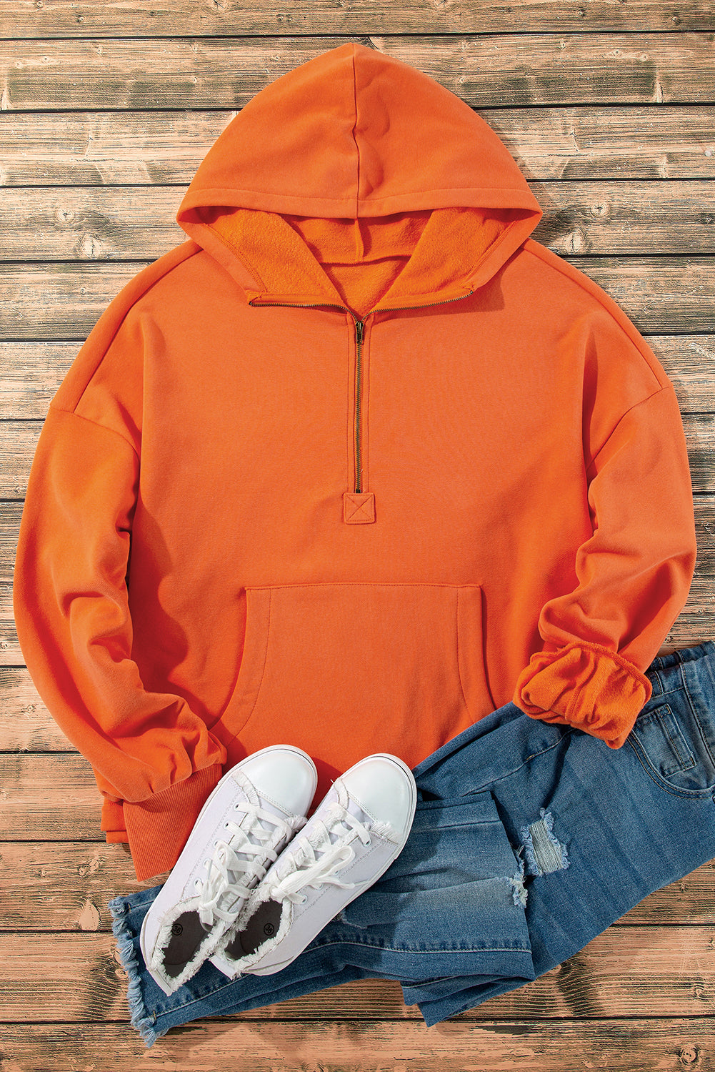 Bonbon Fleece Lined Half Zipper Kangaroo Pockets Loose Hoodie