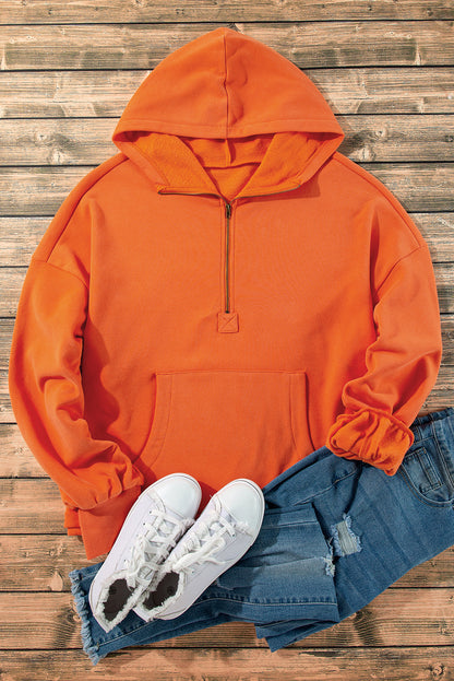 Bonbon Fleece Lined Half Zipper Kangaroo Pockets Loose Hoodie
