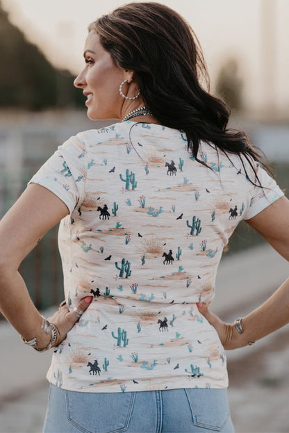 Beige Western Cactus Print Crew Neck Short Sleeve Top