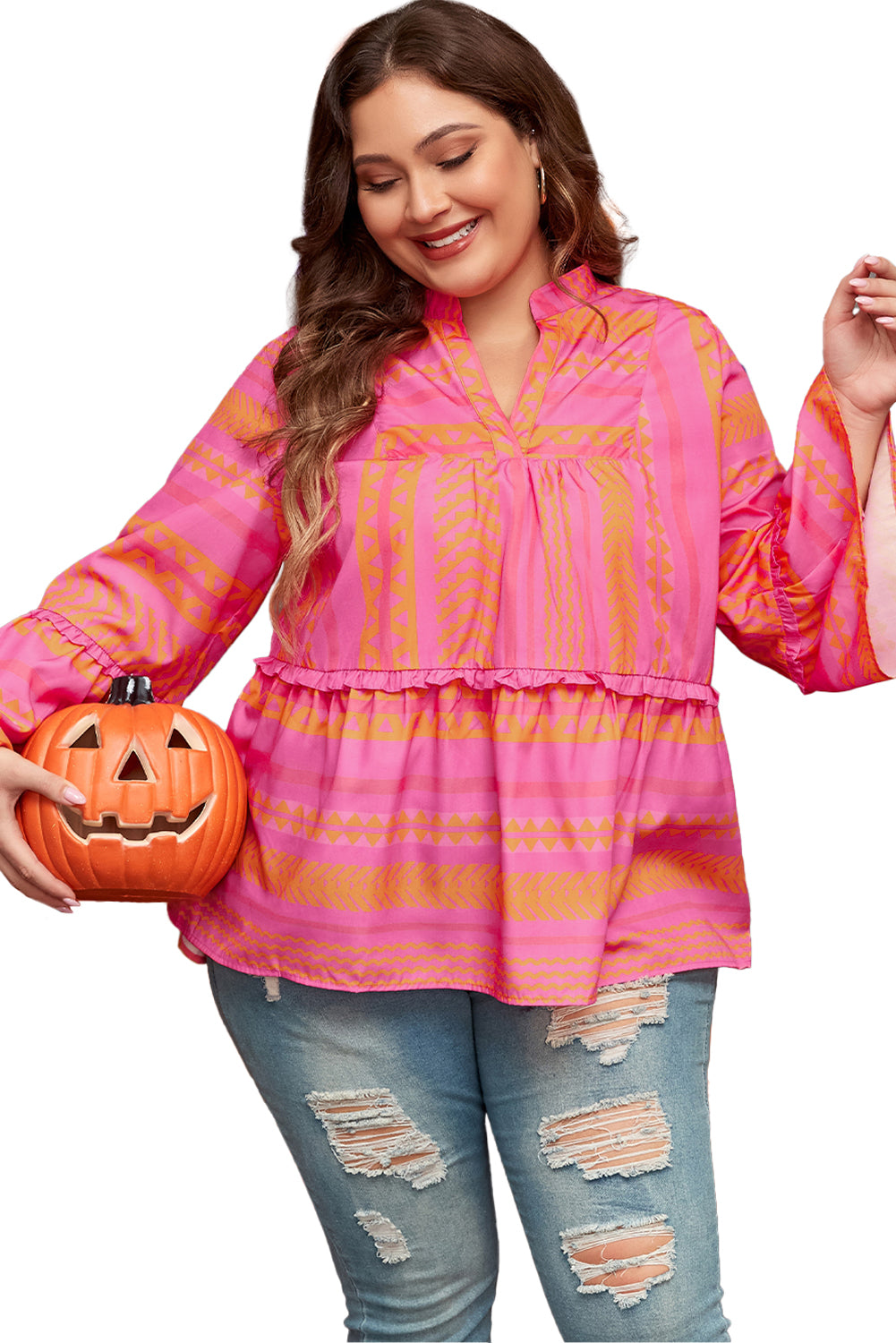 Vitality Orange Plus Size Geometric Printed Bell Sleeve Babydoll Blouse