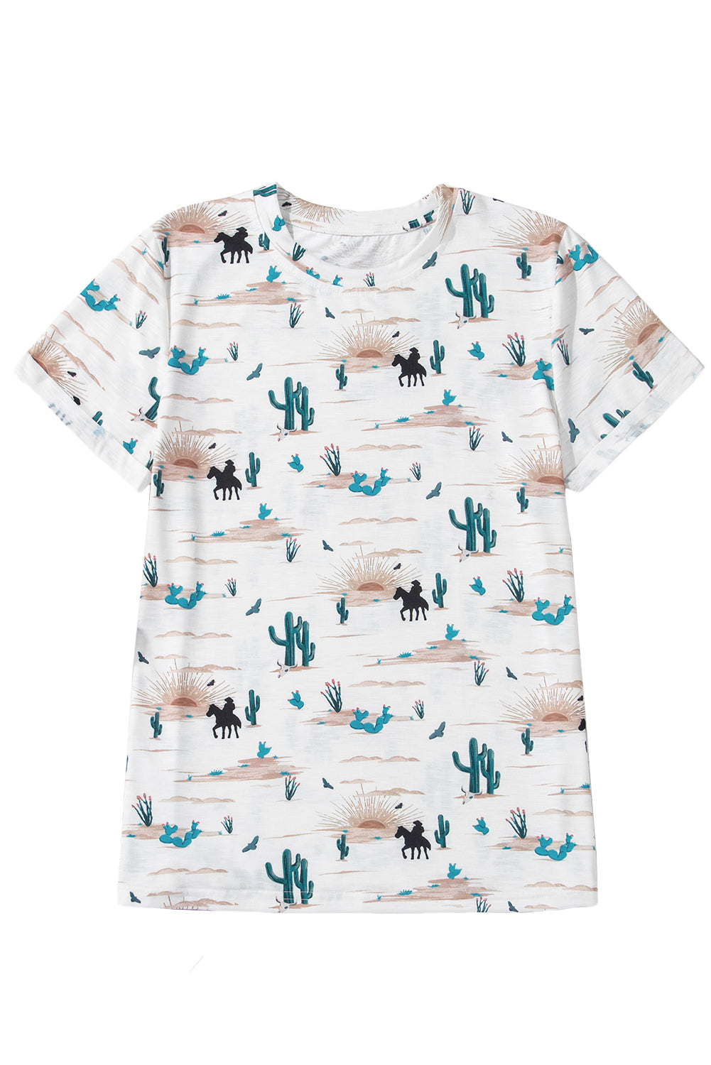 Beige Western Cactus Print Crew Neck Short Sleeve Top