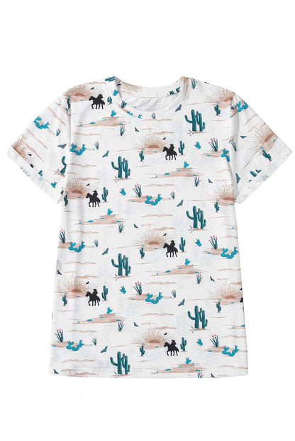 Beige Western Cactus Print Crew Neck Short Sleeve Top