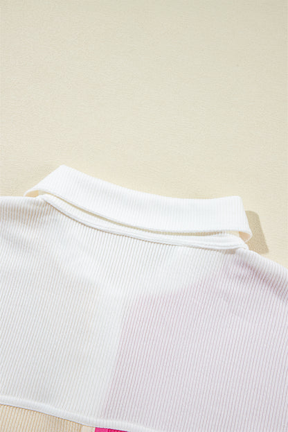 Pink Colorblock Ribbed Collared Oversized Sweatshirt