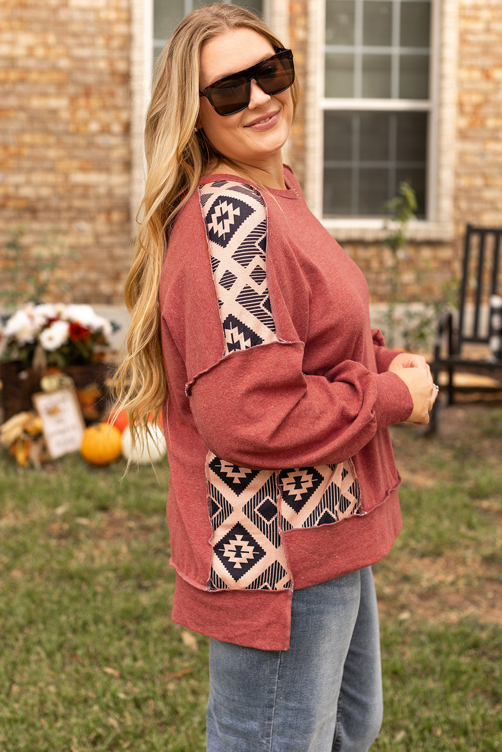 Redwood Burl Aztec Patchwork Drop Shoulder Plus Size High Low Sweatshirt