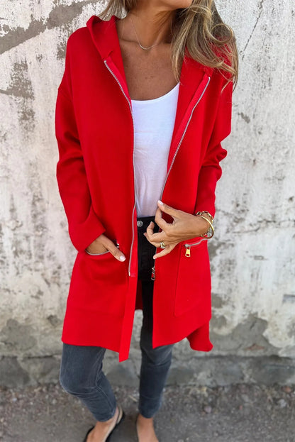 Black Solid Color Casual Zip up Hooded Coat