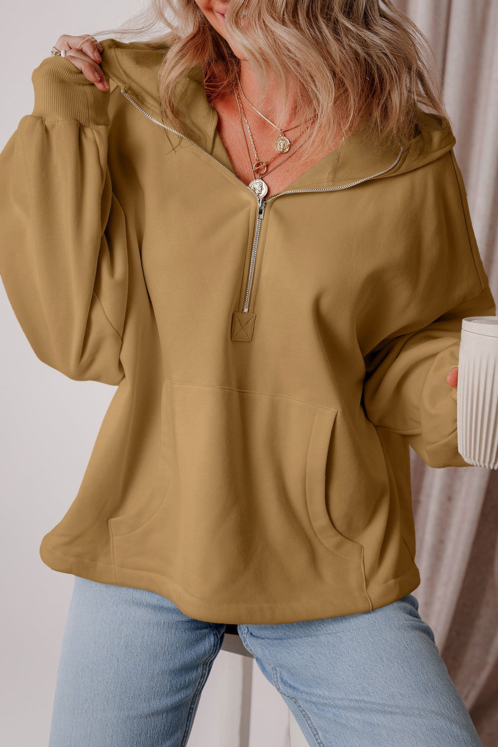 Bonbon Fleece Lined Half Zipper Kangaroo Pockets Loose Hoodie