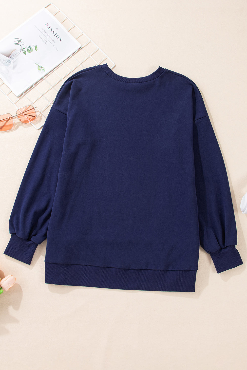 Parchment Solid O Neck High Low Hem Pullover Sweatshirt