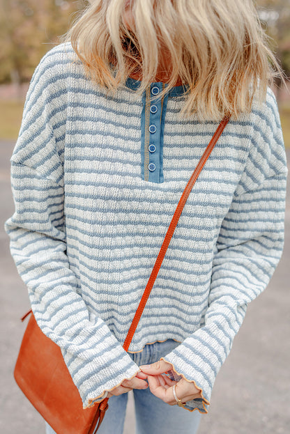 Green Stripe Textured Frilly Trim Buttons Henley Long Sleeve Top