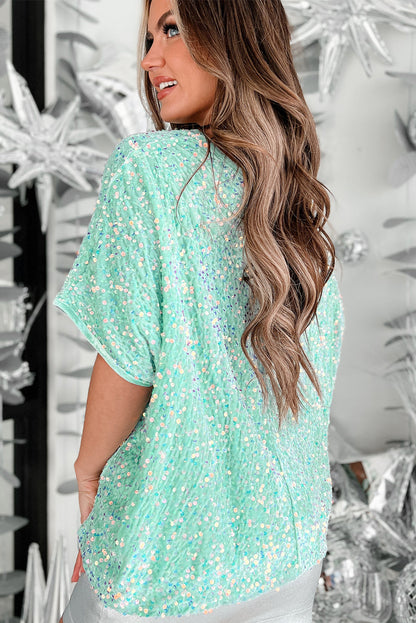 Moonlight Jade Sequin Batwing Sleeve V Neck Velvet Blouse