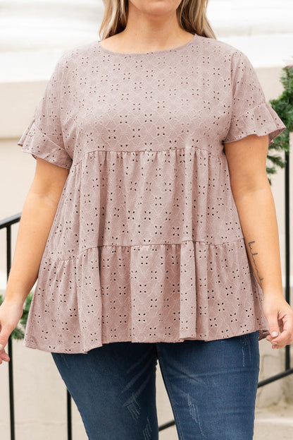 Pink Plus Size Eyelet Pattern Ruffle Sleeve Babydoll Top