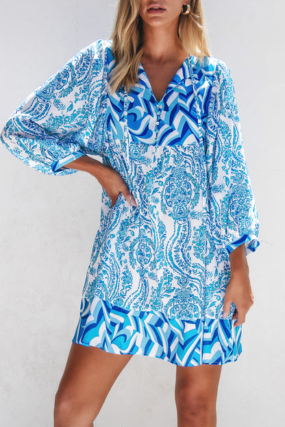 Orange Bohemian Print Puff Sleeve Tied V Neck Flared Mini Dress
