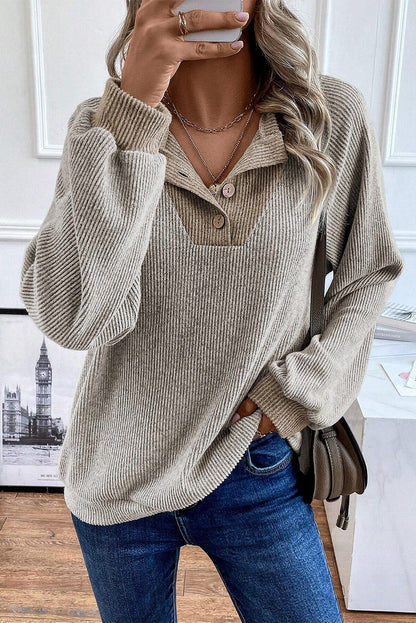 Black Color Contrast Ribbed Loose Fit Long Sleeve Top