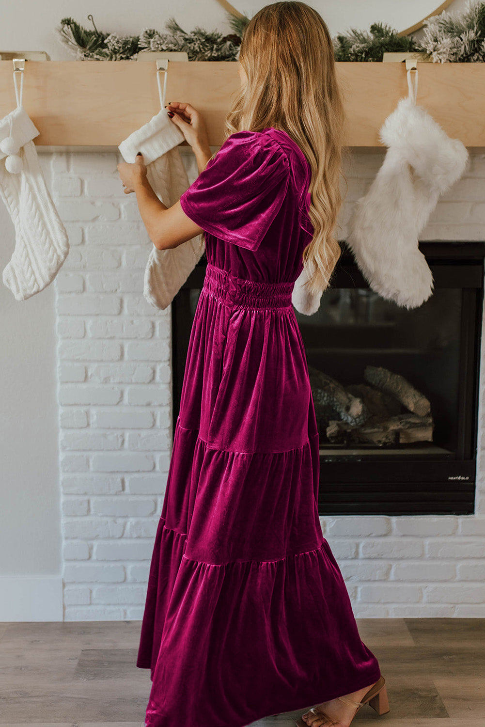 Prussian Blue Velvet Short Sleeve Shirred Waist Tiered Maxi Dress
