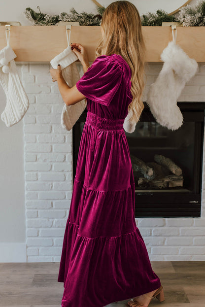 Prussian Blue Velvet Short Sleeve Shirred Waist Tiered Maxi Dress