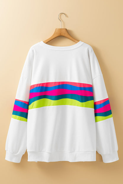 White Plus Size Colorful Striped Drop Shoulder Loose Sweatshirt