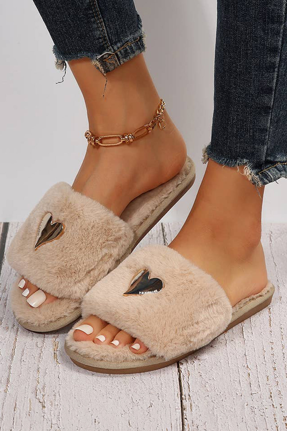 Pink Heart Shape Buckle Decor Open Toe Plush Slippers