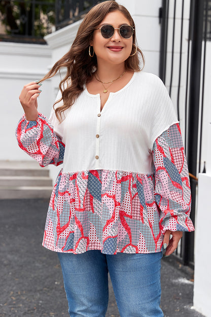 Apricot Plus Size Printed Patchwork Textured Buttoned Blouse