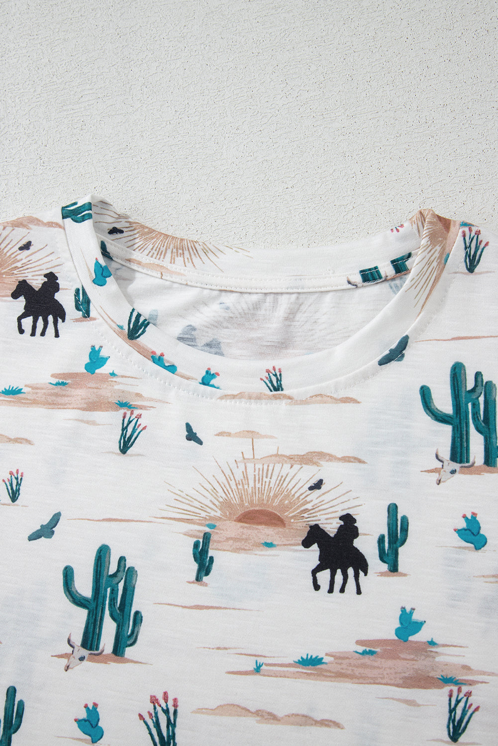 Beige Western Cactus Print Crew Neck Short Sleeve Top