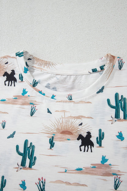 Beige Western Cactus Print Crew Neck Short Sleeve Top
