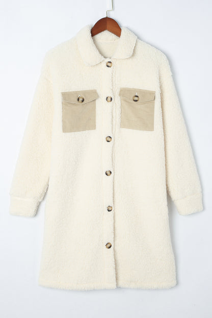 Khaki Contrast Flap Pocket Single Breasted Teddy Coat