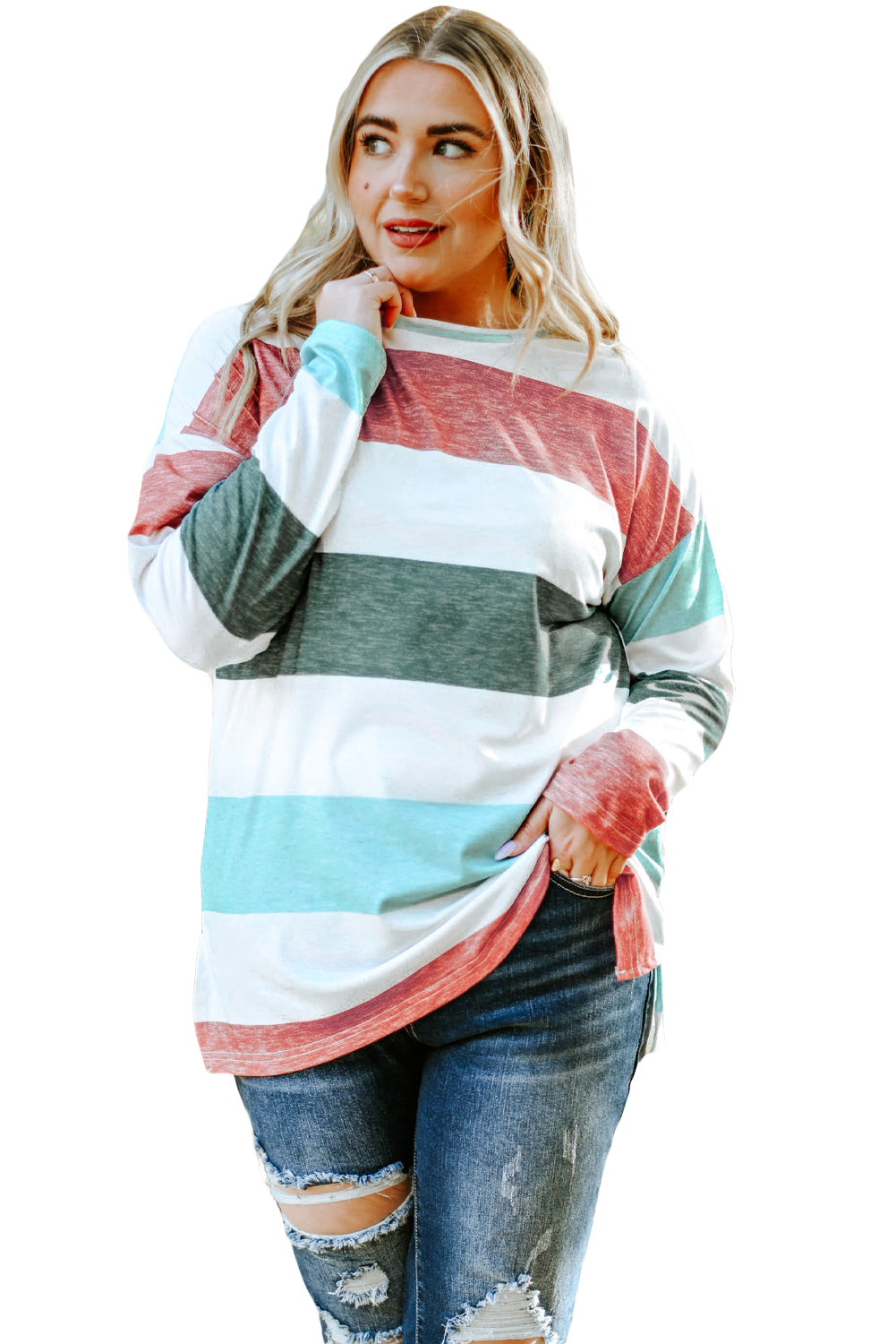 Green Stripe Plus Size Colorblock Pullover Top