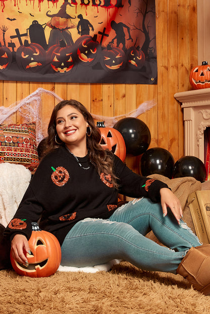 Black Plus Size Halloween Sequined Pumpkin Pattern Sweater