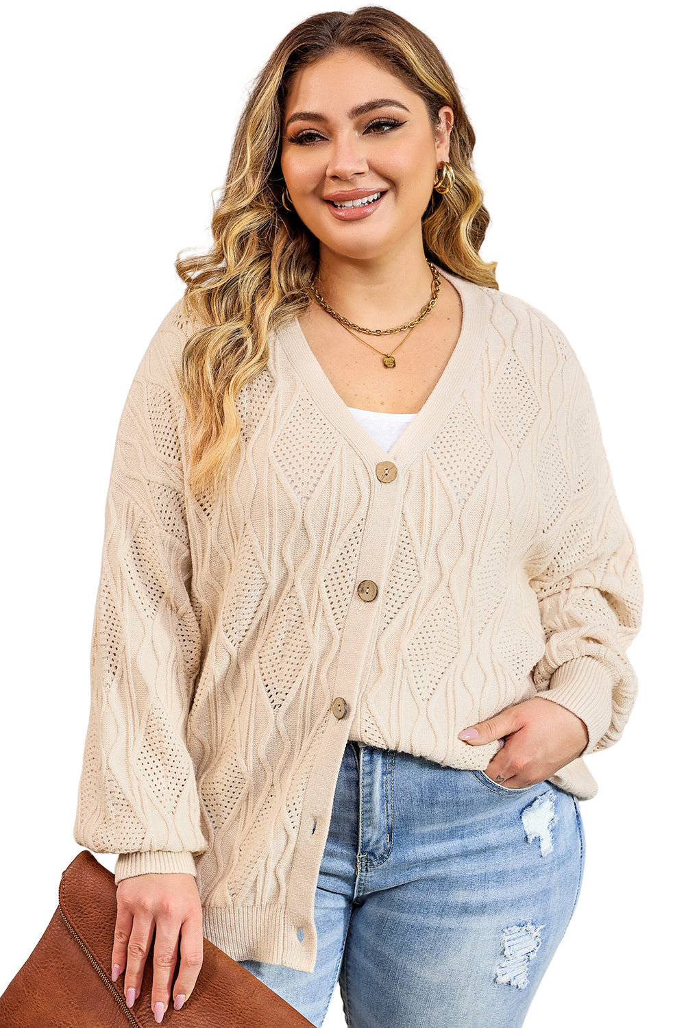 Apricot Plus Size Knitted Hollow Out Button Up Cardigan