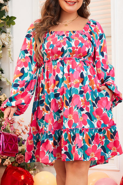 Rose Flower Print Smocked Square Neck Plus Size Dress