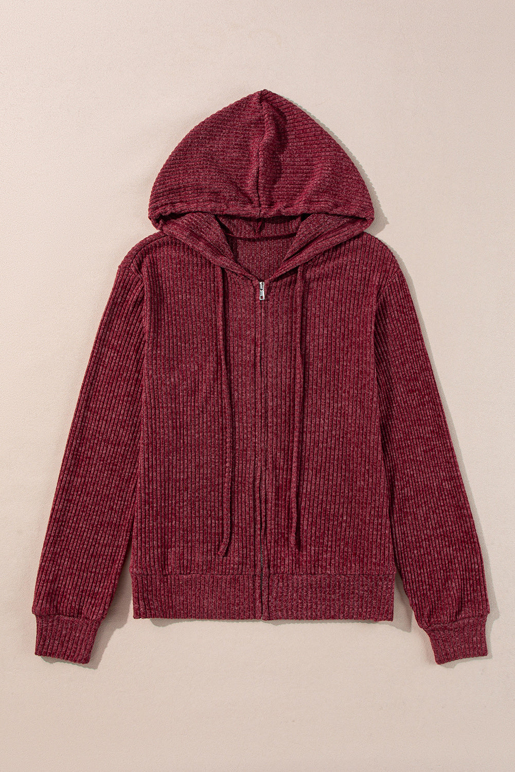 Evergreen Ribbed Zip Up Front Drawstring Hoodie