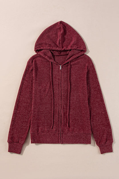 Evergreen Ribbed Zip Up Front Drawstring Hoodie