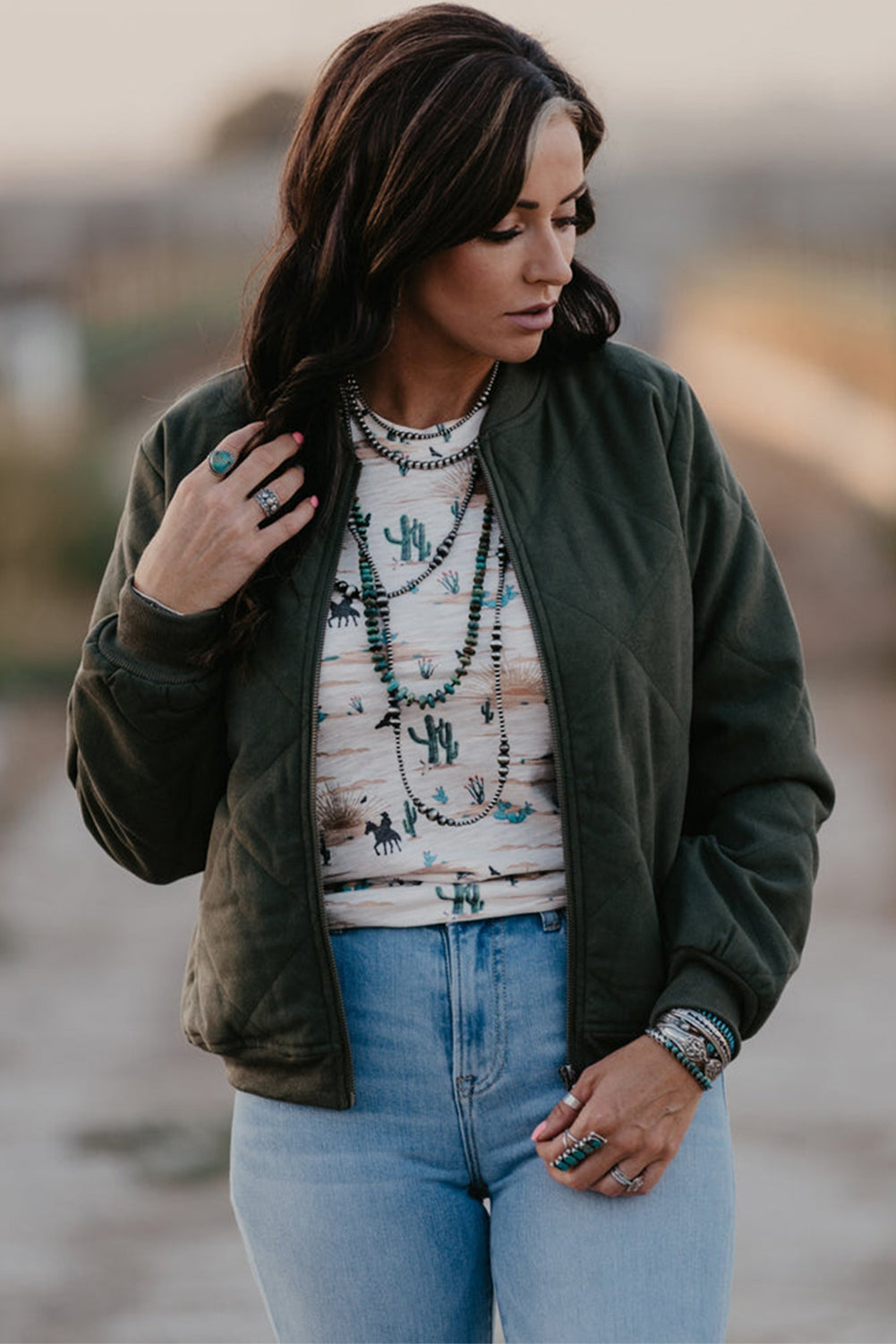 Beige Western Cactus Print Crew Neck Short Sleeve Top