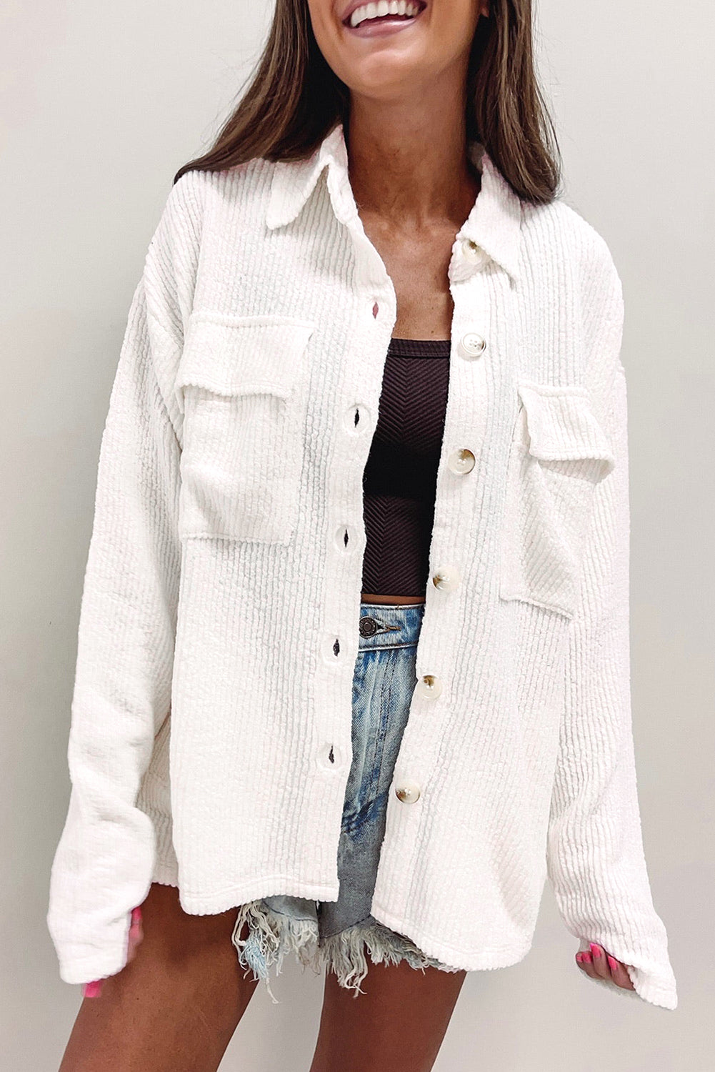 Black Solid Color Corduroy Buttoned Long Sleeve Shacket