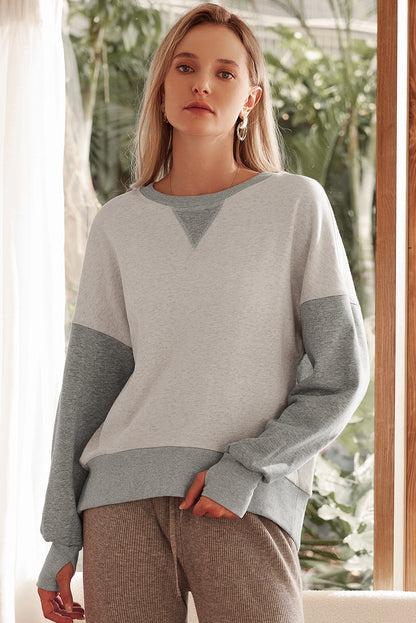 Parchment Color Block Thumbhole Sleeve Drop Shoulder Sweatshirt