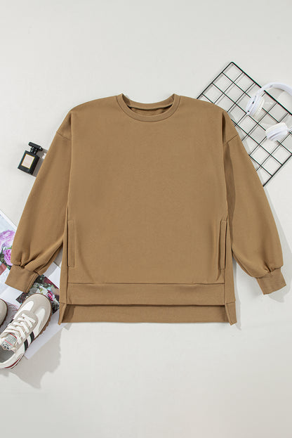 Valerian Solid Fleece Lined Drop Shoulder High Low Sweatshirt