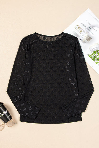 White Mesh Bow Pattern Long Sleeve Top