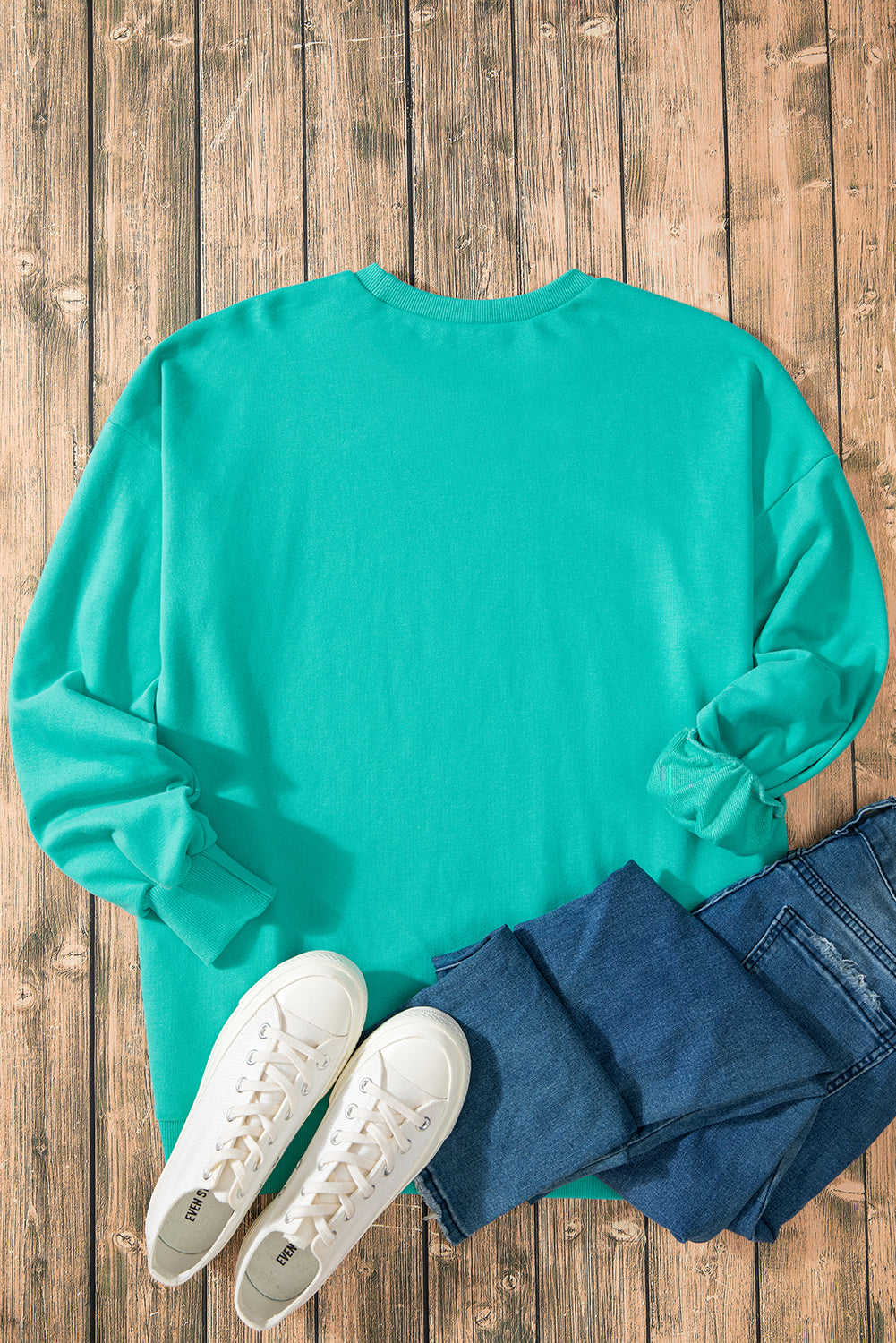 Parchment Solid O Neck High Low Hem Pullover Sweatshirt