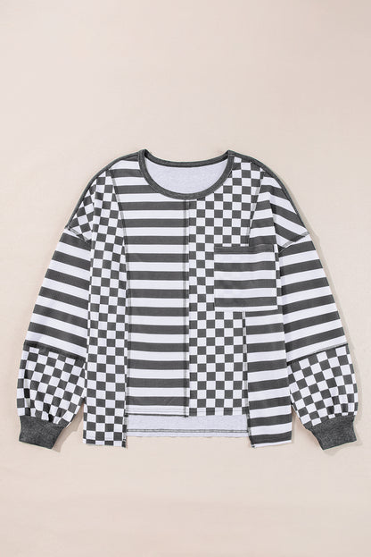 Rose Red Checkerboard Striped Patchwork Lantern Sleeve Pocketed Blouse