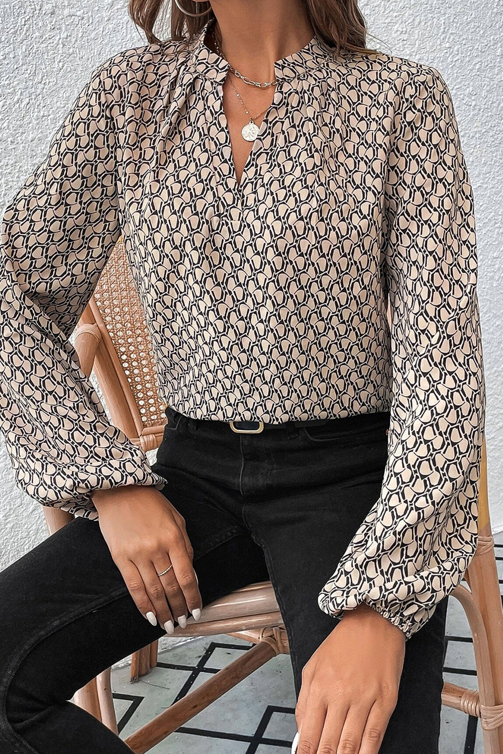 Green Geometric Print Notched Neck Puff Sleeve Blouse